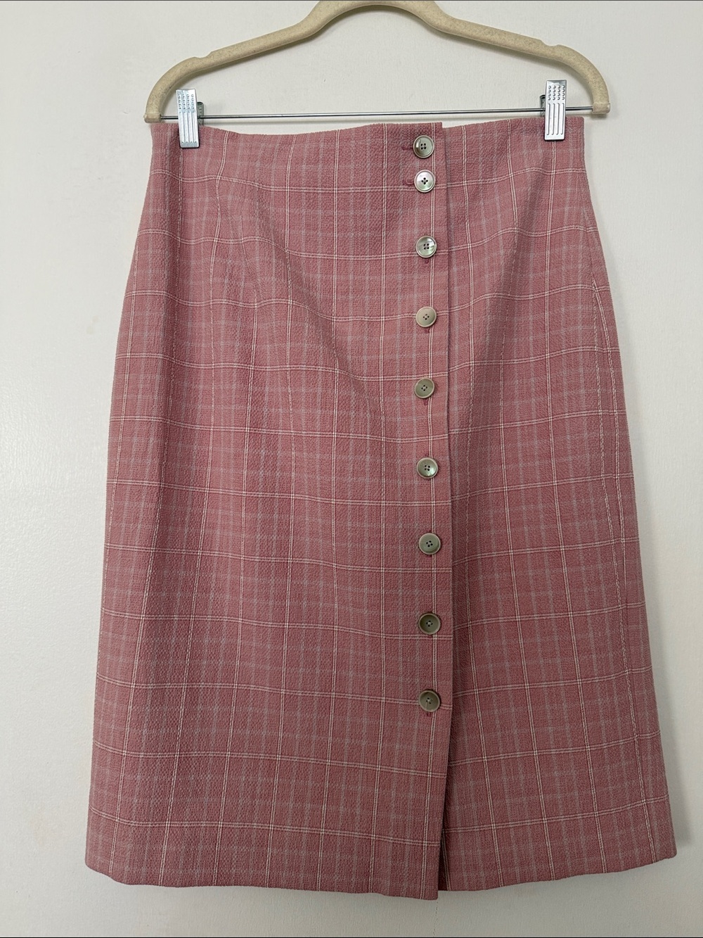 Rebecca Taylor Dusty Pink Plaid Midi Skirt with Front Buttons
